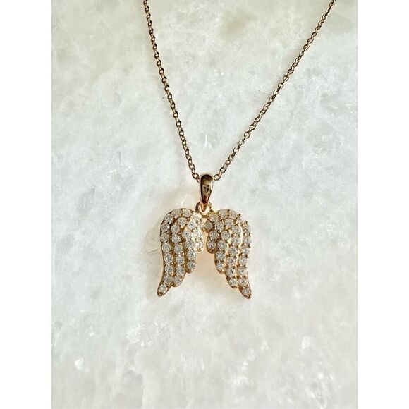 Angel Wings bleu sage Sterling Silver 14K Gold Plated necklace - Picture 2 of 4